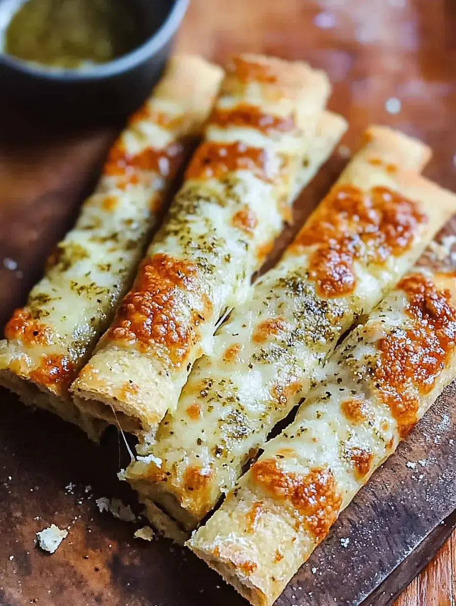 Four cheesy breadsticks topped with herbs are placed on a wooden board beside a small bowl of dipping sauce.