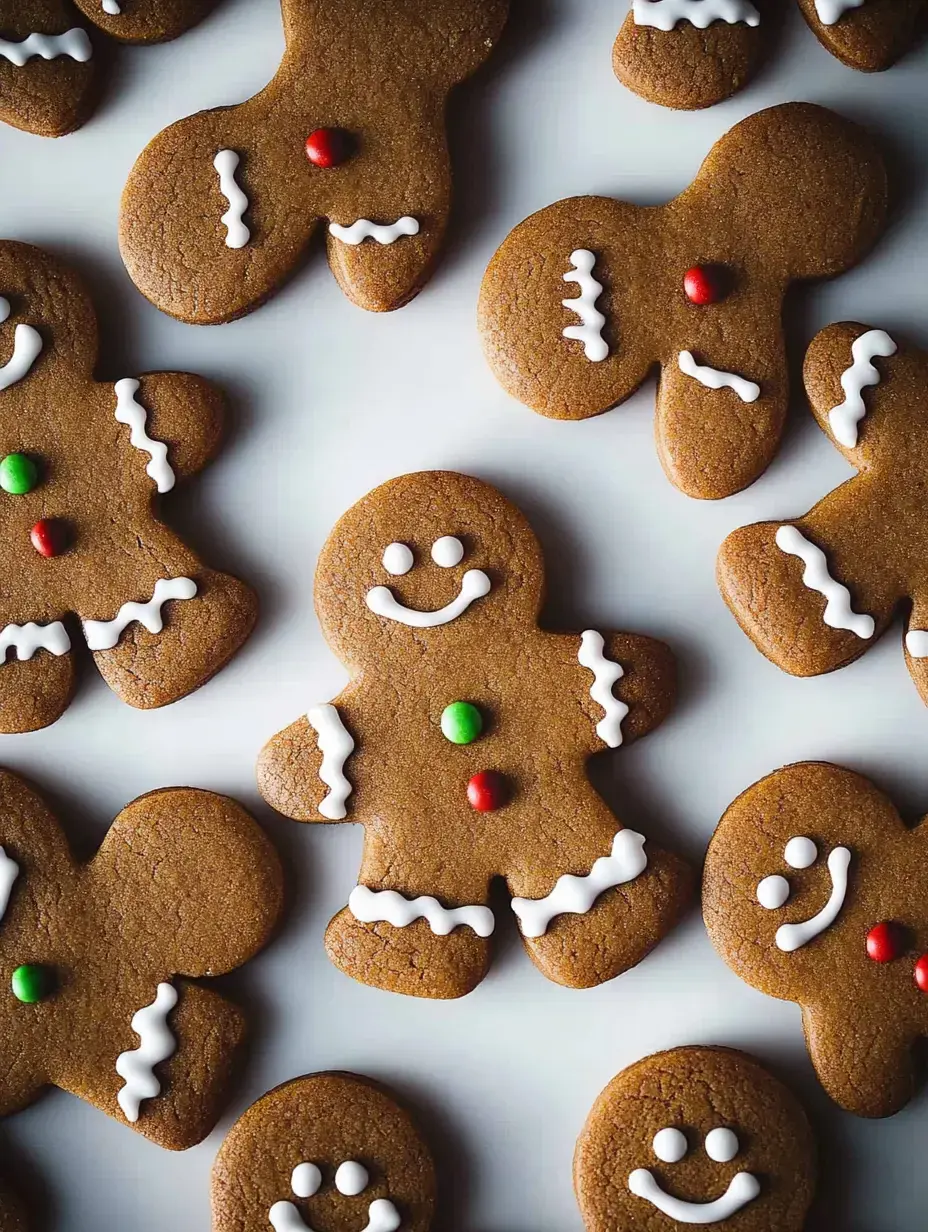 A variety of decorated gingerbread cookies, featuring smiling faces and colorful icing accents, are arranged on a light background.