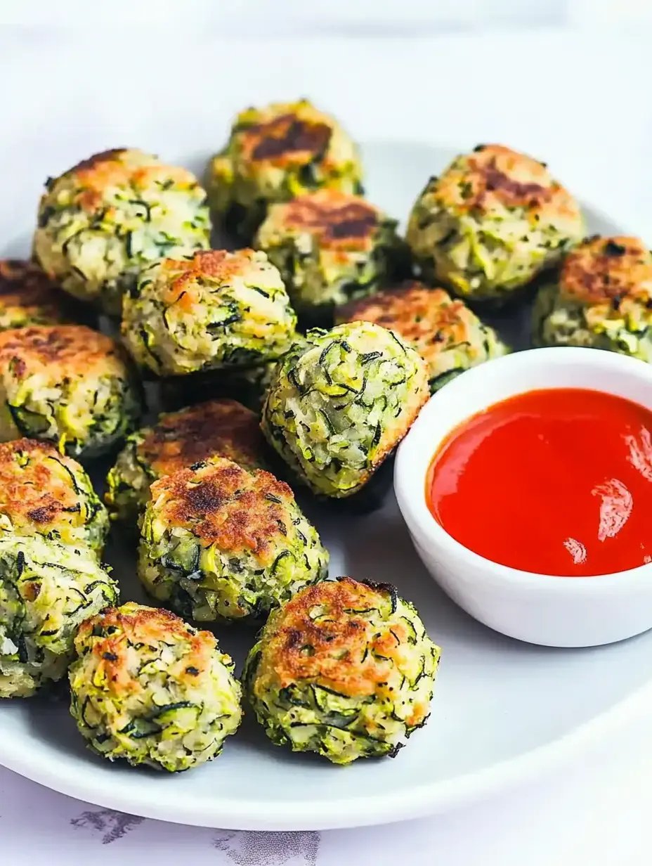 A plate of golden-brown zucchini fritters served with a small bowl of red dipping sauce.