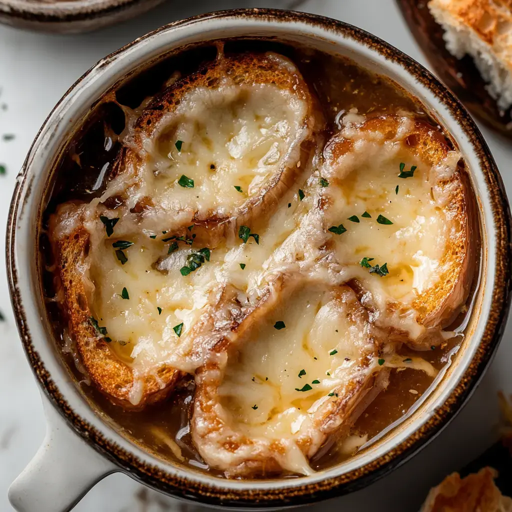 A bowl of French onion soup topped with melted cheese and toasted bread, garnished with parsley.