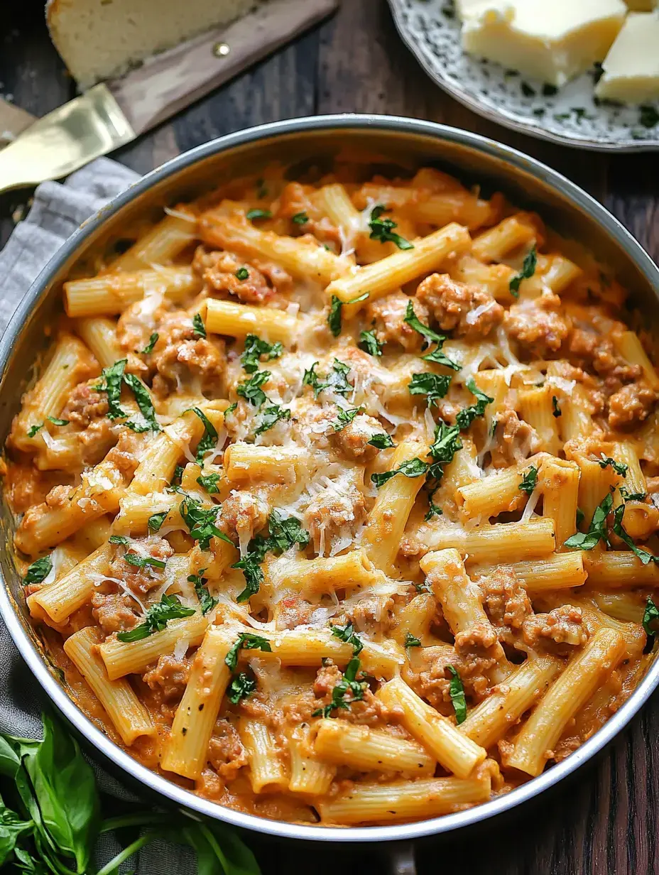 A skillet filled with creamy rigatoni pasta topped with ground meat and fresh herbs, served alongside slices of bread and butter.