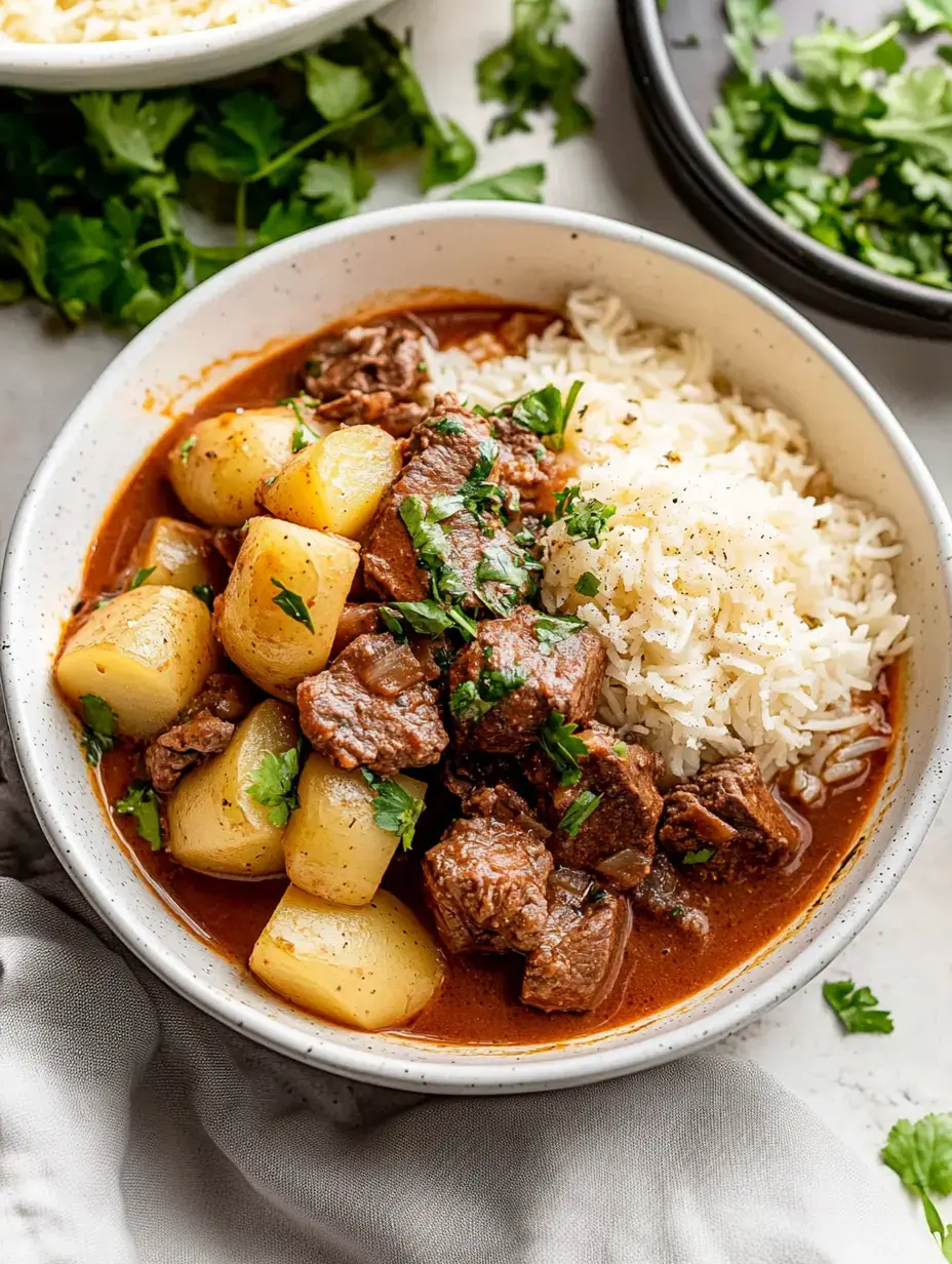 A bowl of beef stew with potatoes, garnished with cilantro, served alongside fluffy white rice.