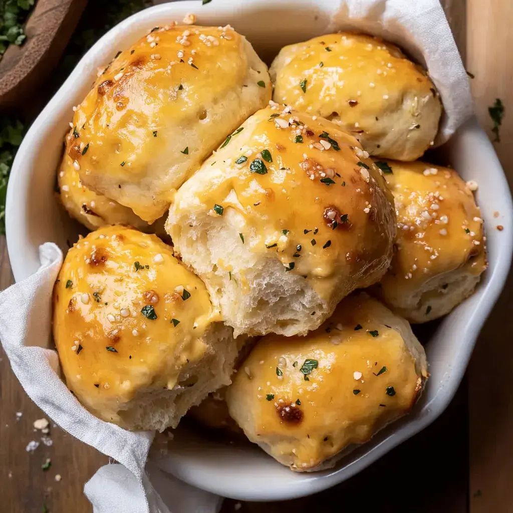 A bowl of golden-brown, shiny dinner rolls topped with sesame seeds and parsley, some rolls are partly broken open to reveal their fluffy interior.