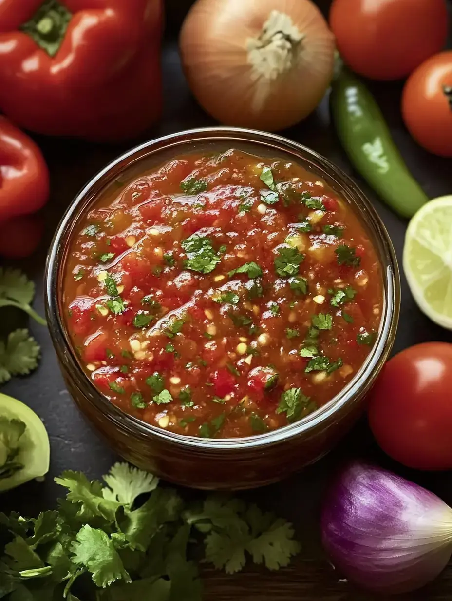 A jar of fresh salsa is surrounded by various vegetables, including tomatoes, an onion, bell peppers, and cilantro, on a dark surface.