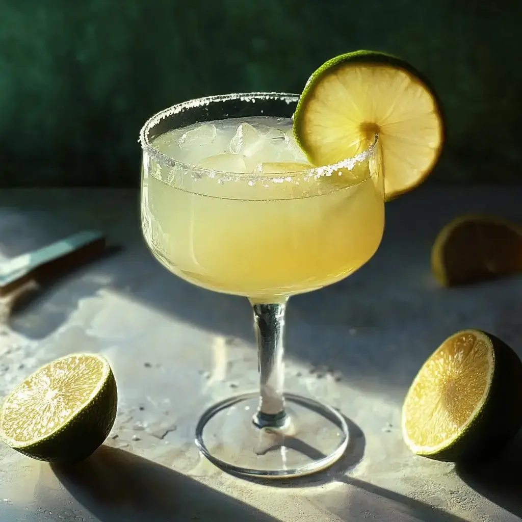 A refreshing margarita cocktail with ice and a lime garnish, surrounded by halved limes on a textured surface.