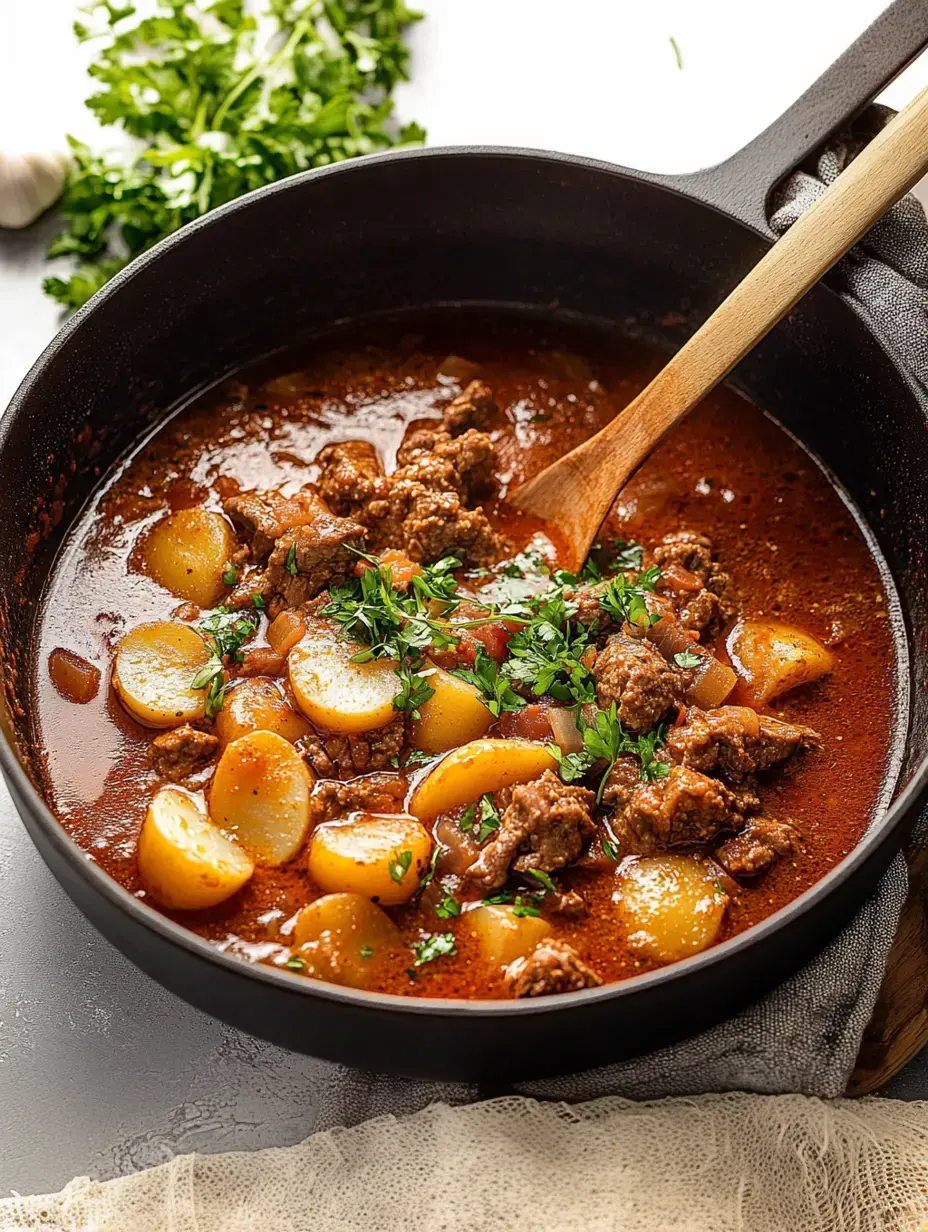 A rich beef stew with potatoes and fresh cilantro is simmering in a black pot, alongside garlic and cilantro sprigs in the background.