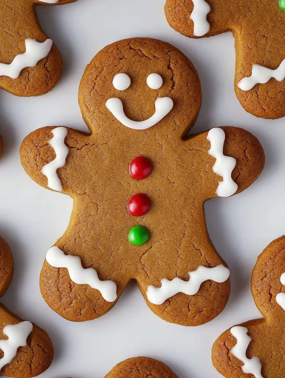 A close-up of decorated gingerbread cookies shaped like gingerbread men, featuring a smiling face and colorful candy buttons.