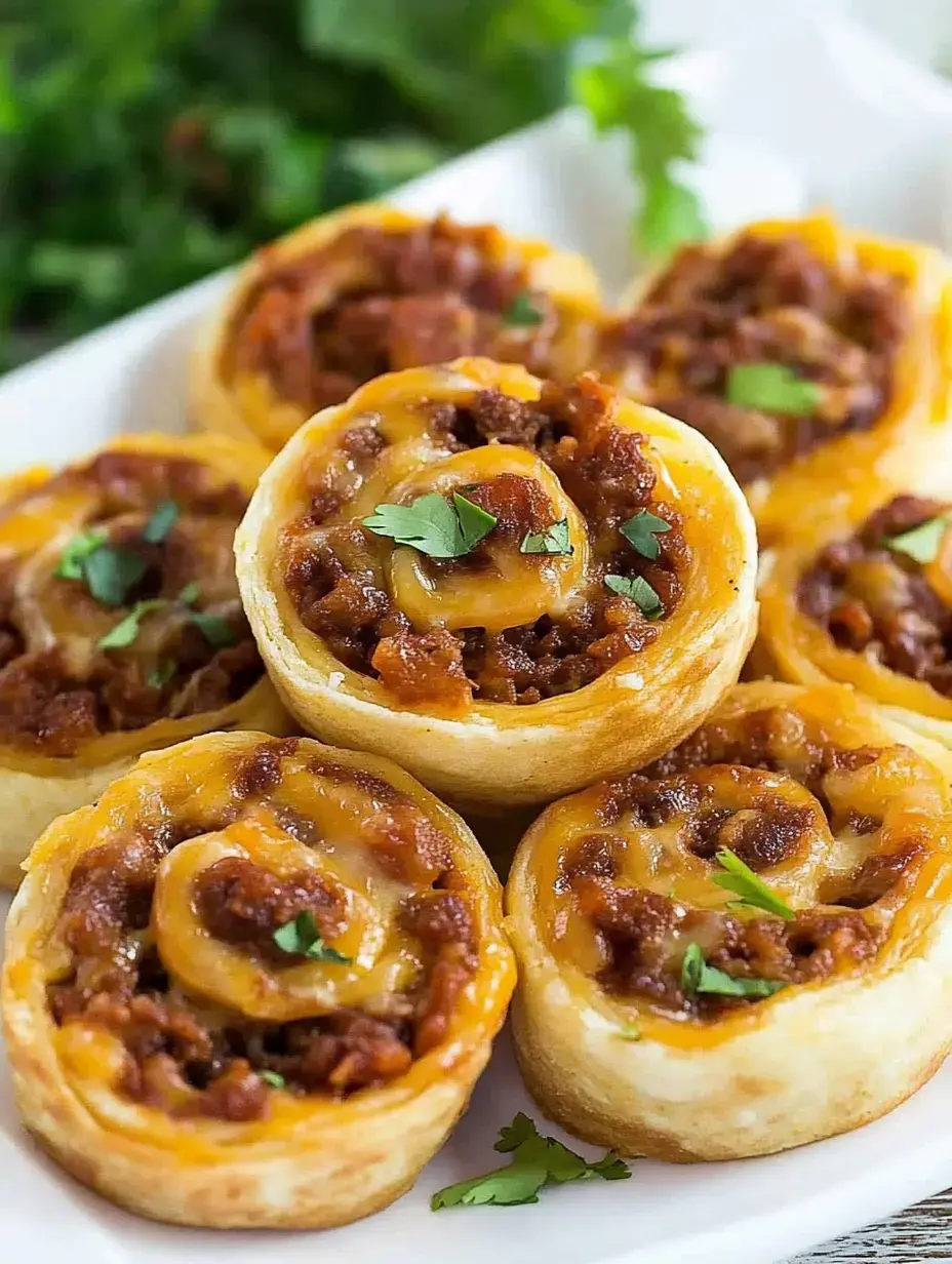 A plate of cheesy meat-filled rolls garnished with fresh cilantro.