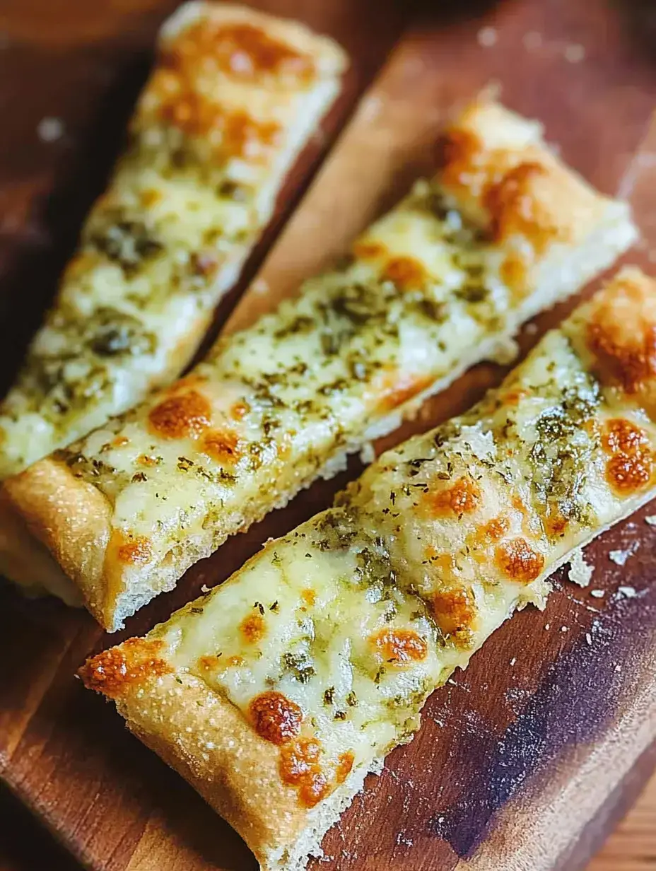 Three slices of cheesy garlic bread are arranged on a wooden cutting board.