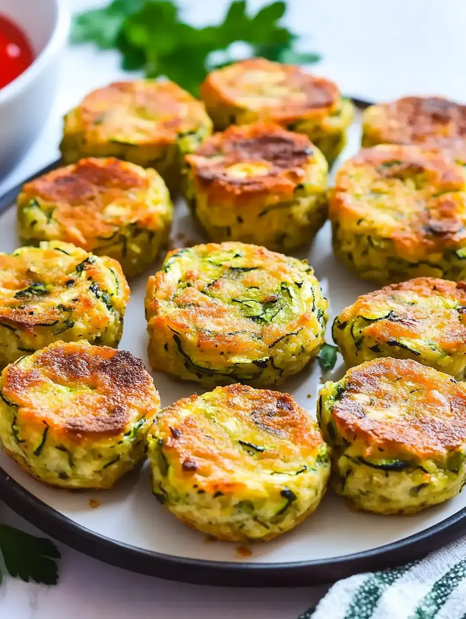 A plate of golden-brown zucchini fritters is arranged neatly, accompanied by a small bowl of sauce.