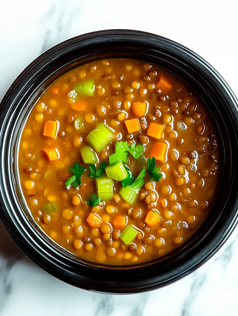 A black bowl filled with hearty lentil soup garnished with diced carrots, celery, and fresh parsley.