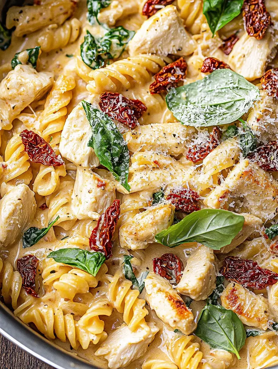 A creamy pasta dish featuring rotini, grilled chicken, spinach, and sun-dried tomatoes, garnished with fresh basil and grated cheese.