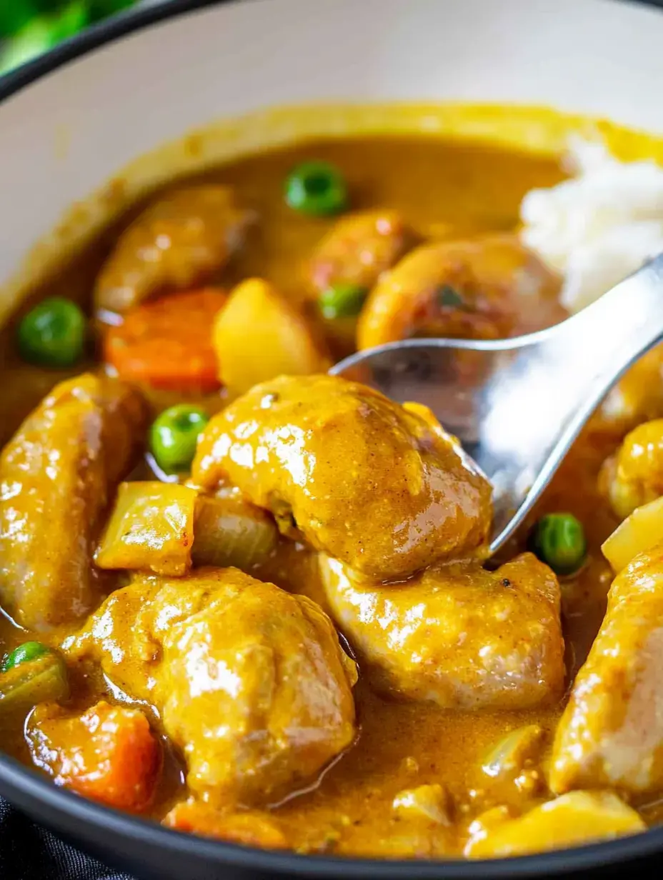 A close-up of a flavorful curry dish featuring chicken, vegetables, and a spoon, served in a bowl.