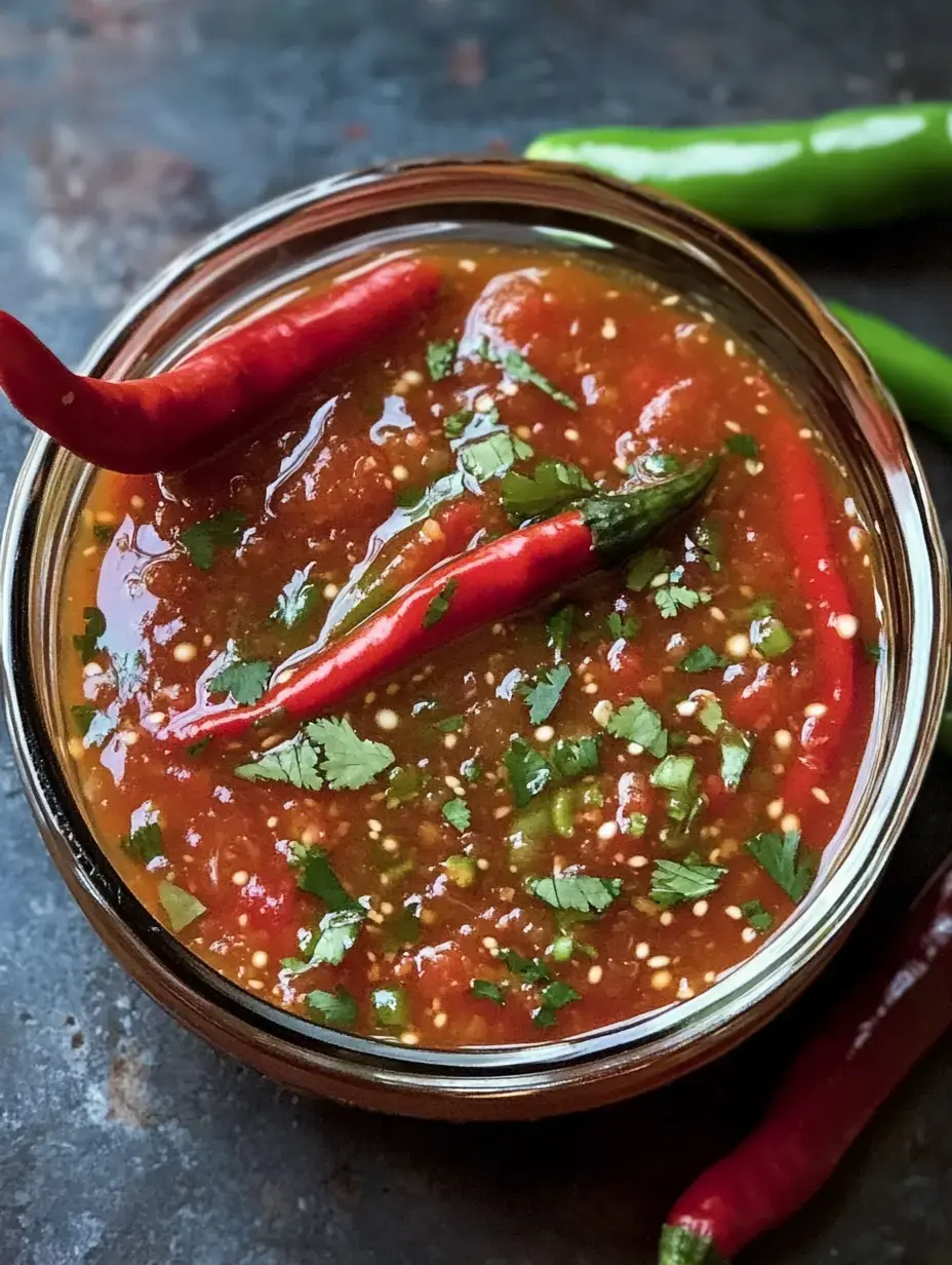 A glass jar filled with spicy red salsa, topped with fresh cilantro and whole red chilies, sits on a dark surface.