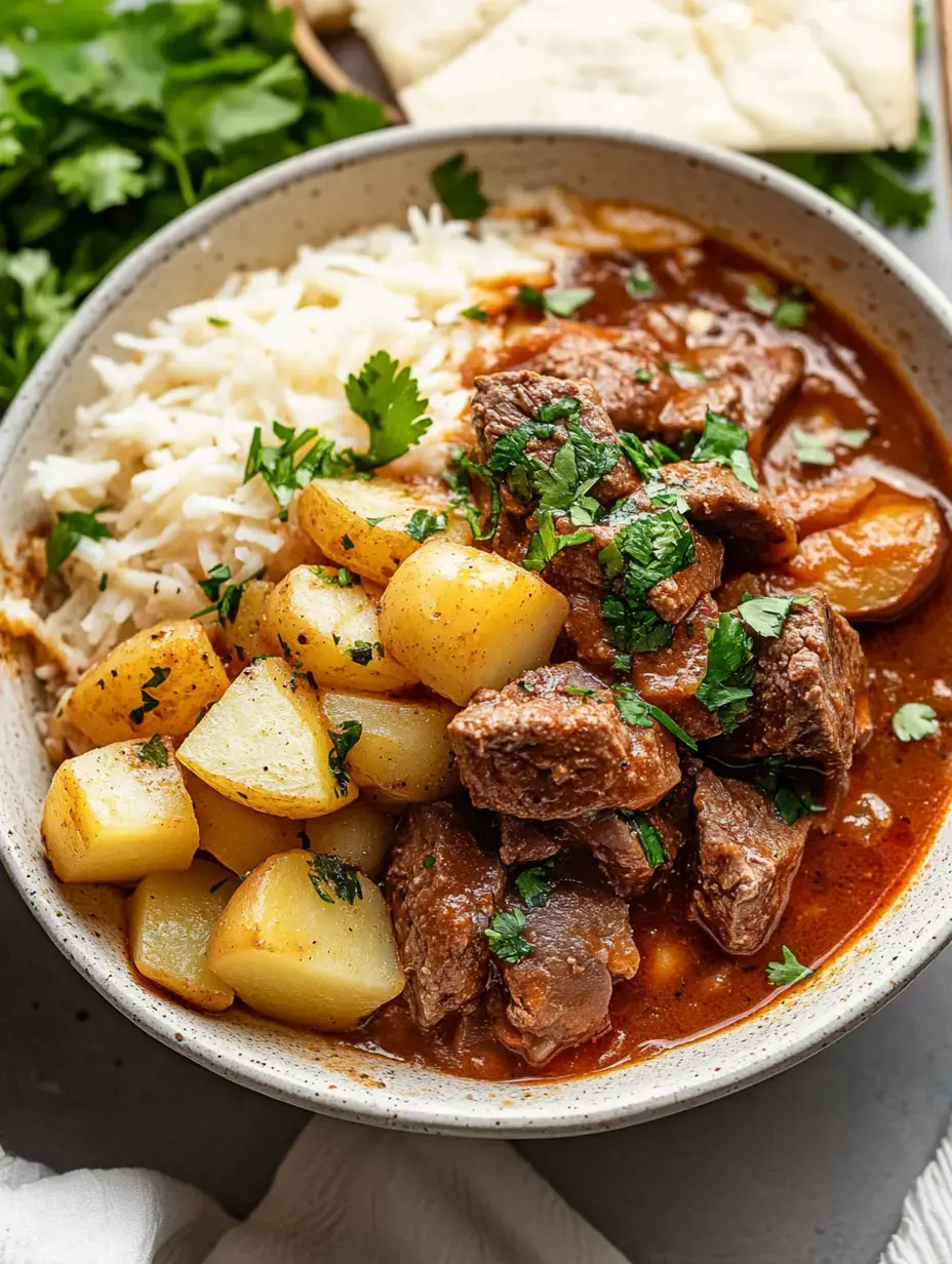 A bowl of hearty beef stew with potatoes, served over white rice and garnished with fresh cilantro.