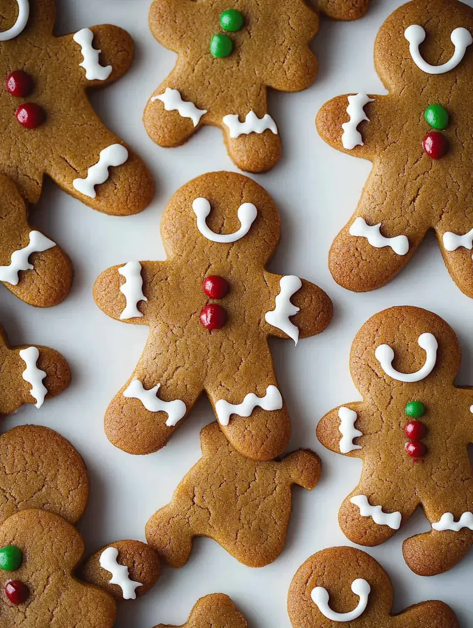 A collection of decorated gingerbread cookies shaped like men, featuring colorful icing and candies.