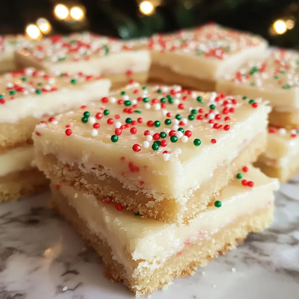 A close-up image of layered dessert bars topped with red, green, and white sprinkles, set against a blurred festive background.