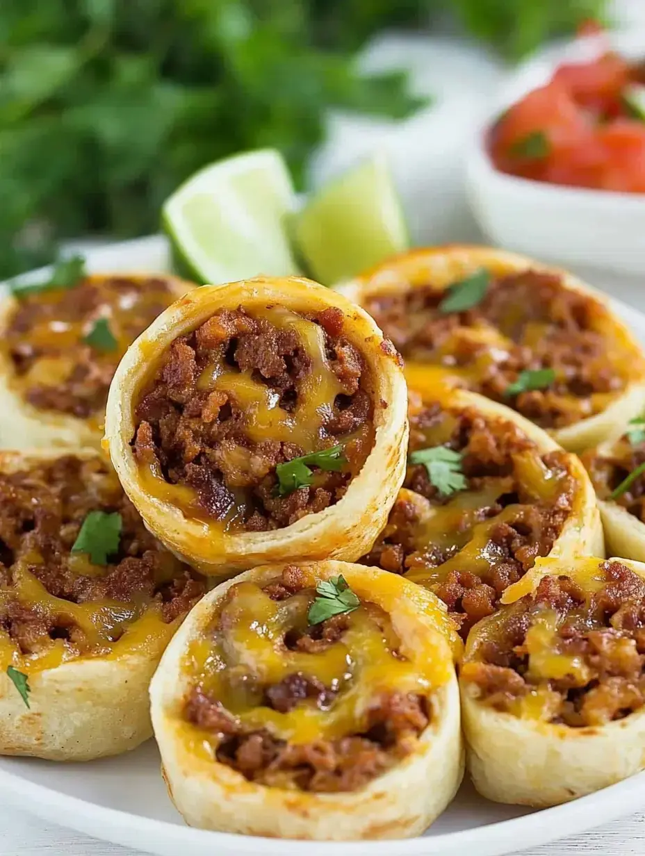 A plate of crispy taco roll-ups filled with seasoned meat and melted cheese, garnished with cilantro and served with lime wedges and salsa in the background.