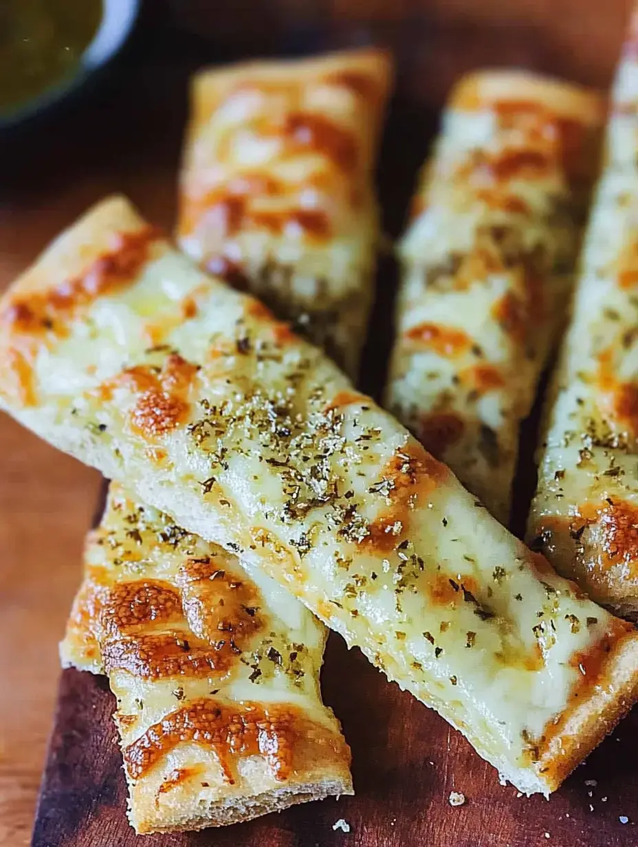 A close-up of golden-brown cheese bread sticks topped with herbs, served on a wooden plate alongside a small bowl of green sauce.