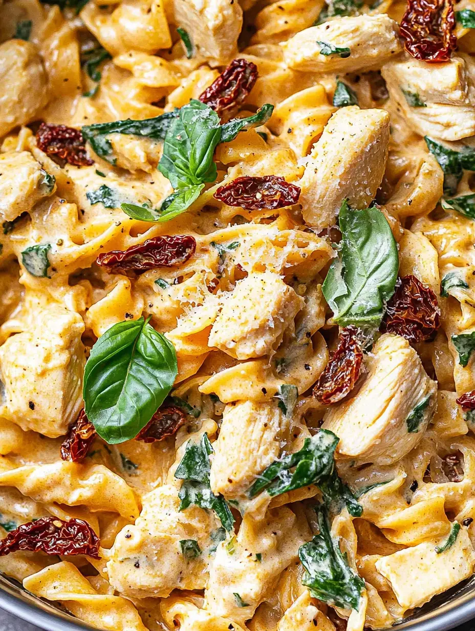 A close-up of creamy pasta with chicken, sun-dried tomatoes, and fresh basil leaves mixed together in a bowl.