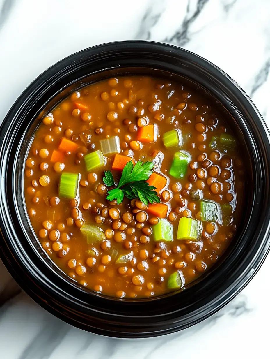 A bowl of lentil soup garnished with parsley and containing diced carrots and celery.