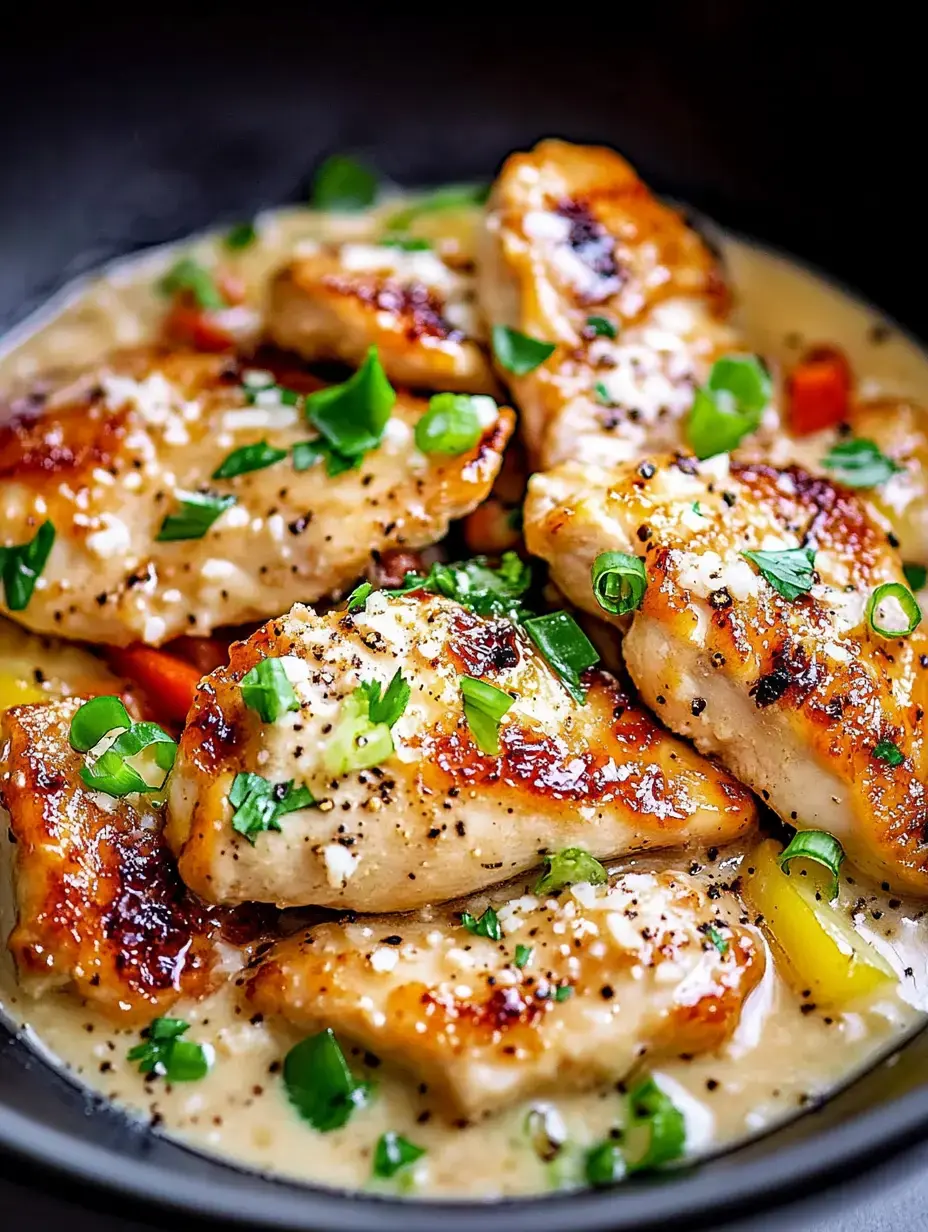 A bowl of sautéed chicken pieces in a creamy sauce, garnished with chopped green onions and colorful vegetables.