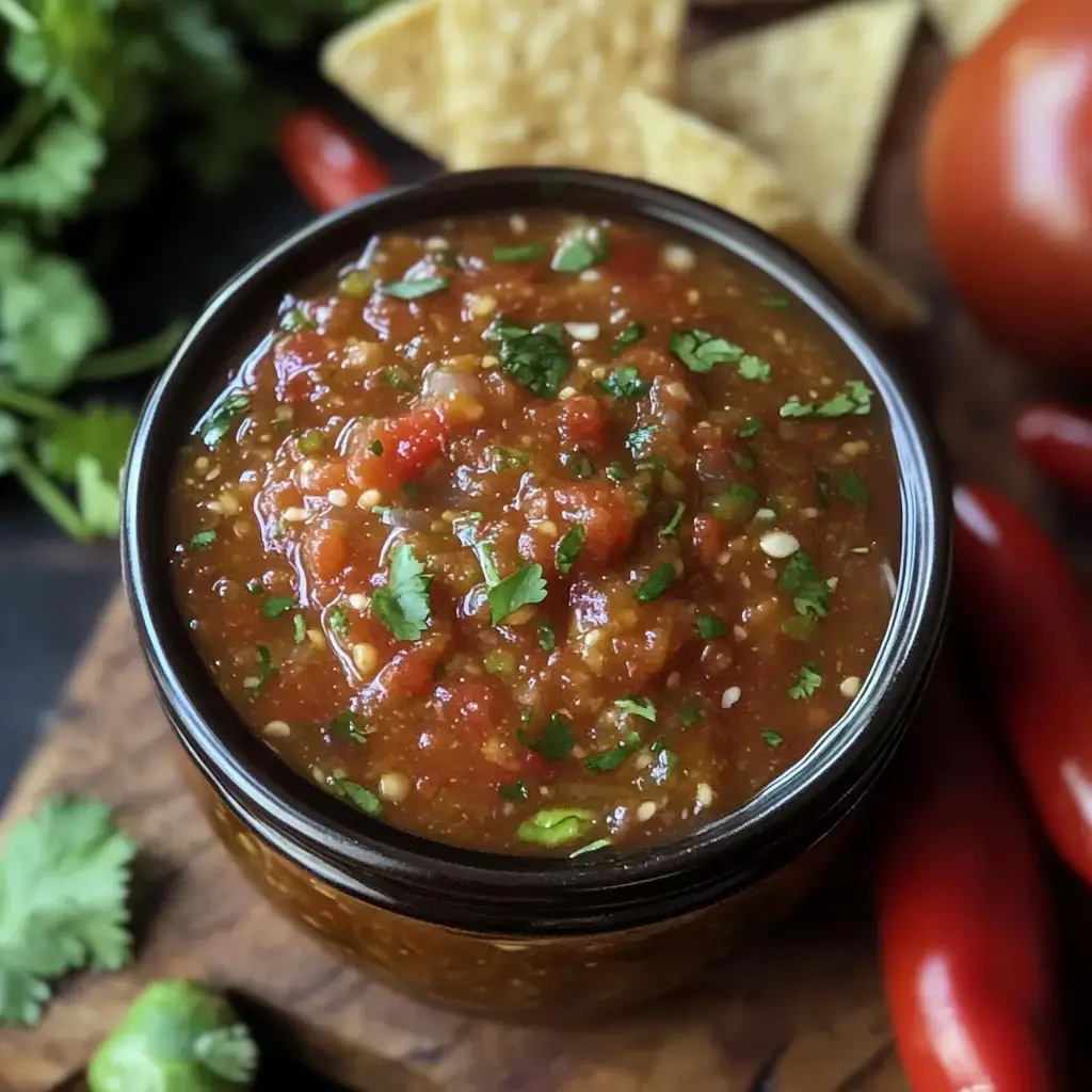 A jar of salsa topped with fresh cilantro, surrounded by tortilla chips, tomatoes, and chili peppers.