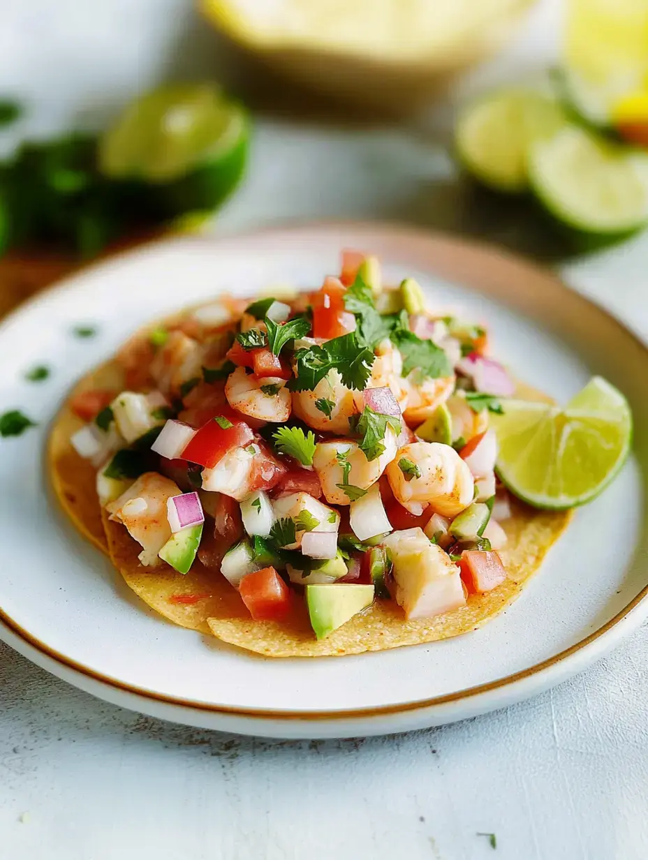 A vibrant plate featuring a crispy taco topped with shrimp ceviche, diced tomatoes, onions, avocado, and fresh cilantro, accompanied by lime wedges.