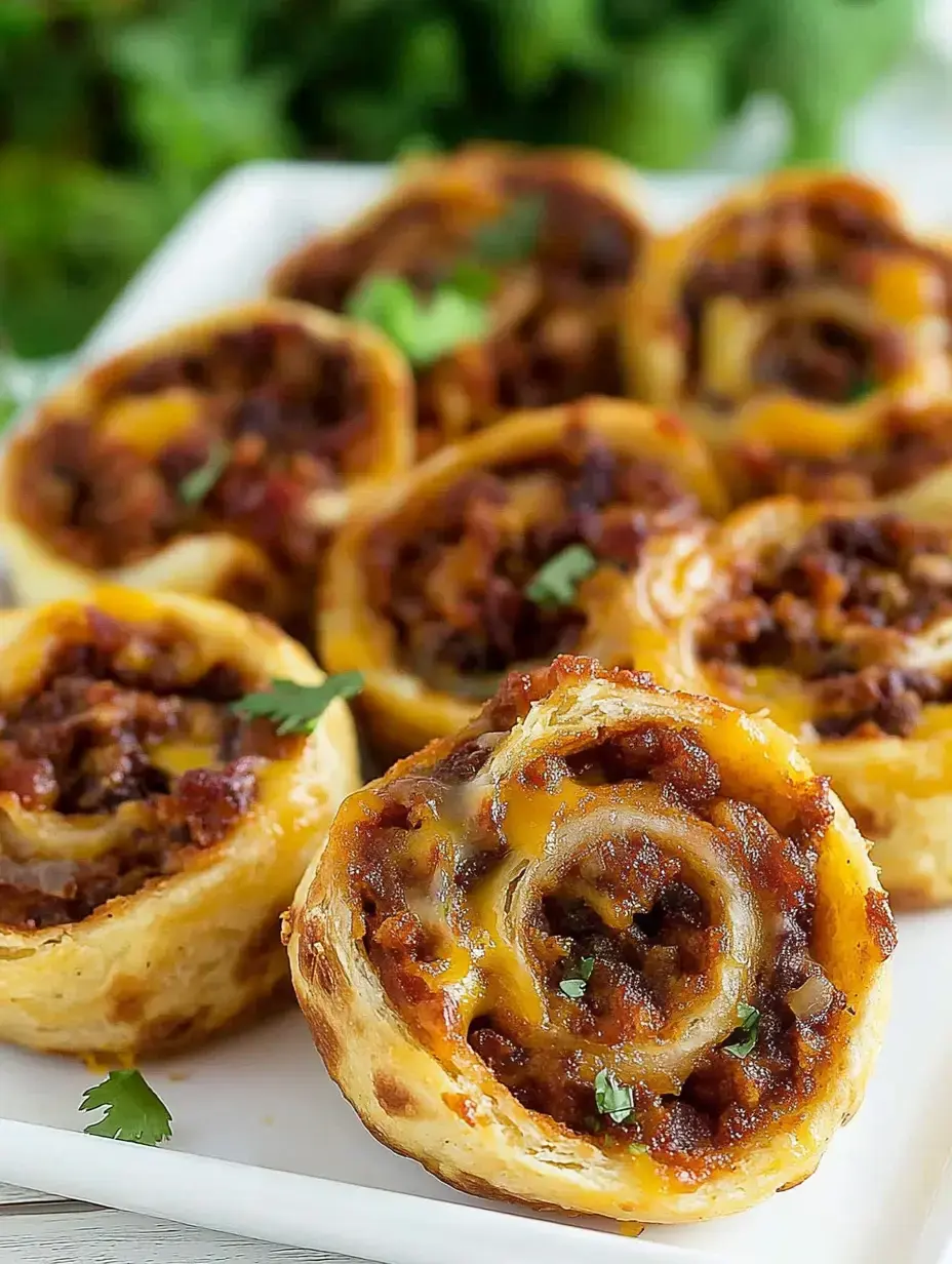 A plate of baked spiral rolls filled with seasoned meat and cheese, garnished with small pieces of cilantro.