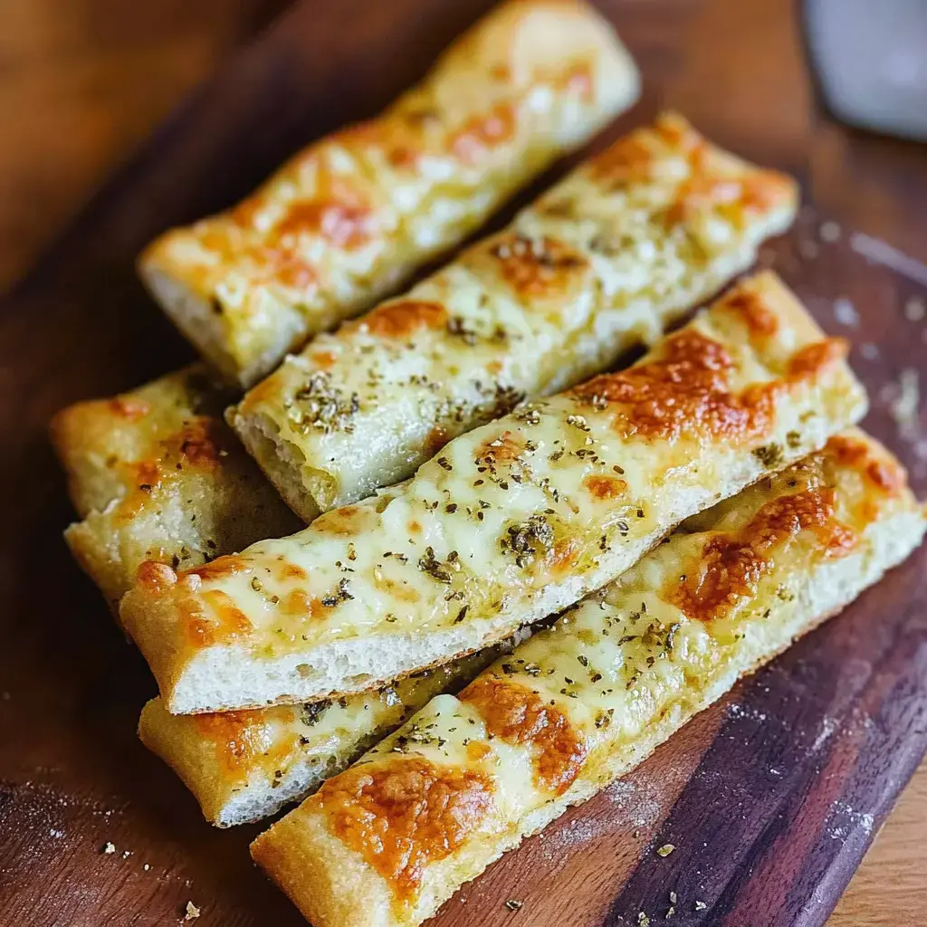 A plate of cheesy, herb-covered breadsticks arranged neatly on a wooden board.