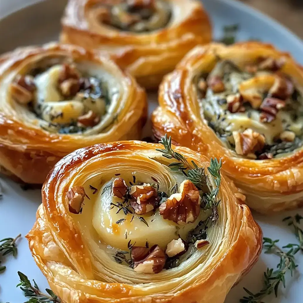 A close-up of beautifully golden, spiral-shaped pastries topped with pecans and herbs, arranged on a white plate.