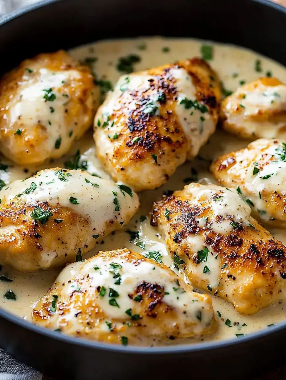 A close-up of golden-brown chicken breasts in a creamy sauce, garnished with fresh parsley, served in a skillet.