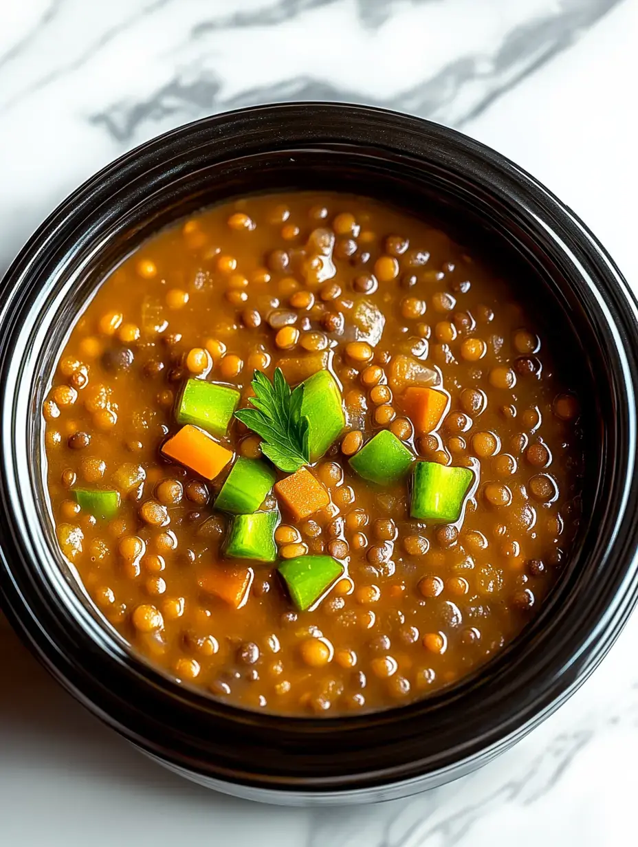 A close-up view of a bowl of lentil soup garnished with diced green bell peppers, carrots, and a sprig of parsley.