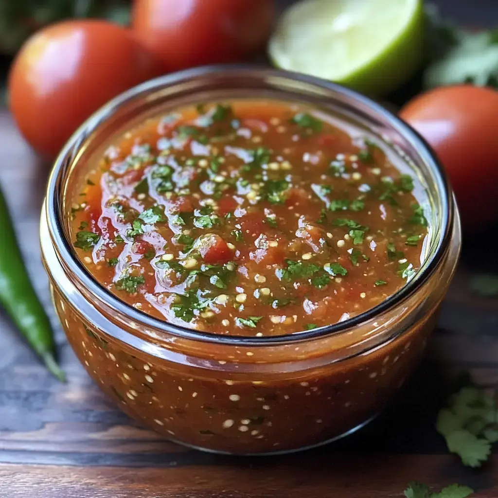 A glass jar filled with vibrant salsa, garnished with chopped cilantro, sits on a wooden surface surrounded by fresh tomatoes and lime.