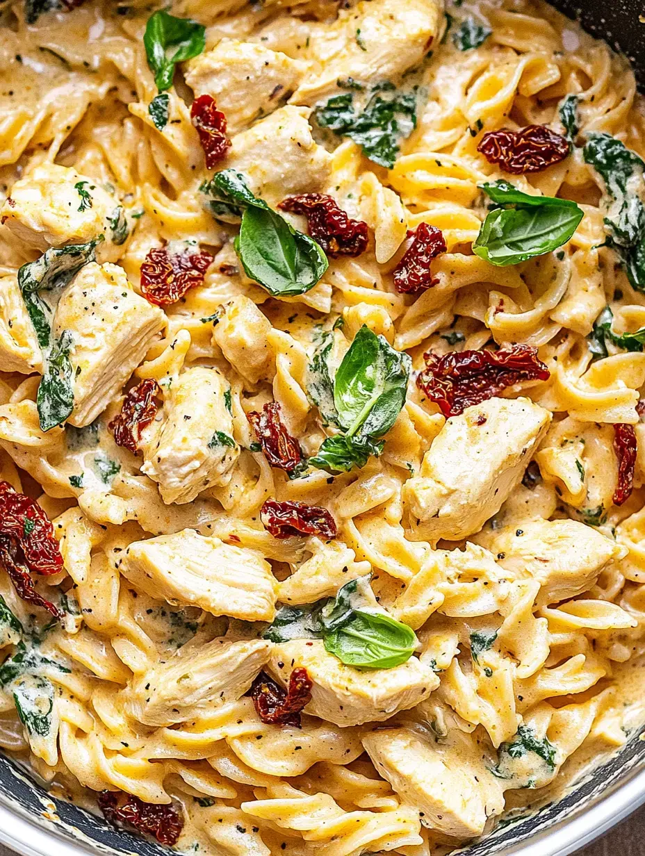 A close-up view of creamy fusilli pasta mixed with chicken, spinach, sun-dried tomatoes, and fresh basil.