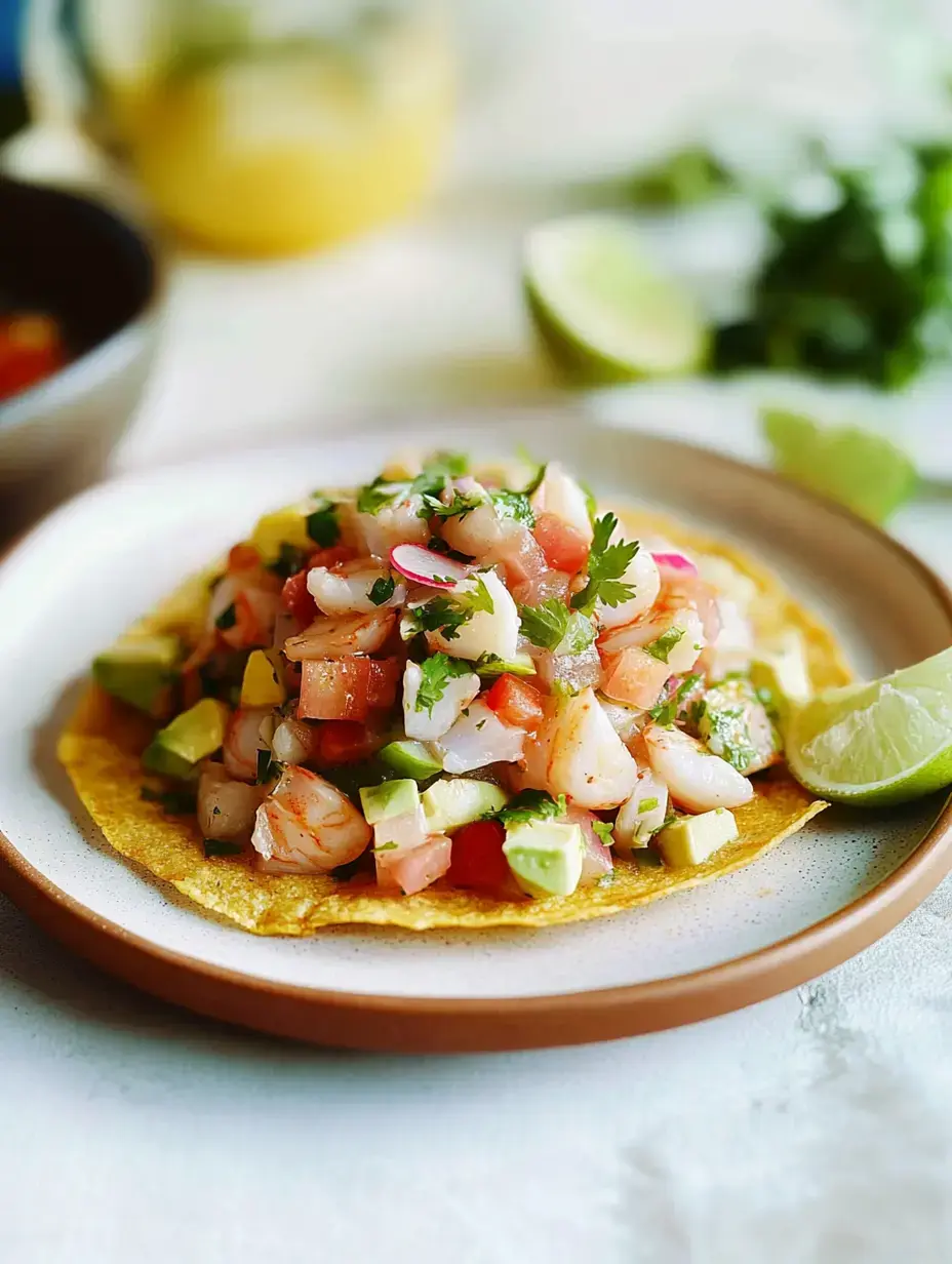 A vibrant seafood ceviche topped with diced vegetables and cilantro, served on a toasted tortilla with a lime wedge on the side.