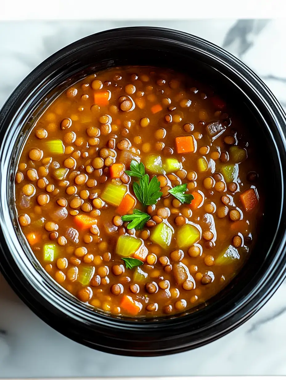 A close-up view of a bowl of lentil soup garnished with fresh parsley, featuring carrots and celery.