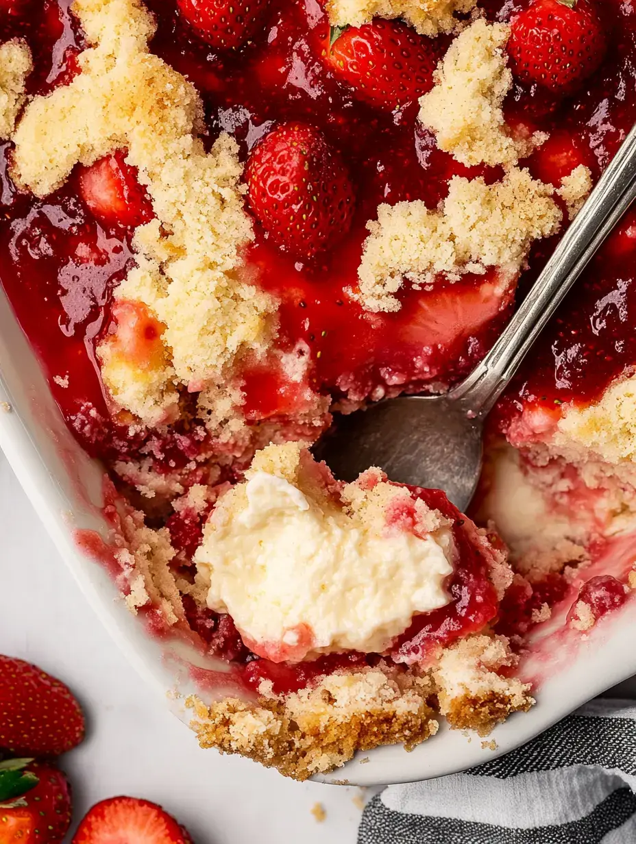 A close-up of a strawberry dessert with a golden crumb topping, featuring a spoon that has scooped out a portion revealing a creamy layer beneath.