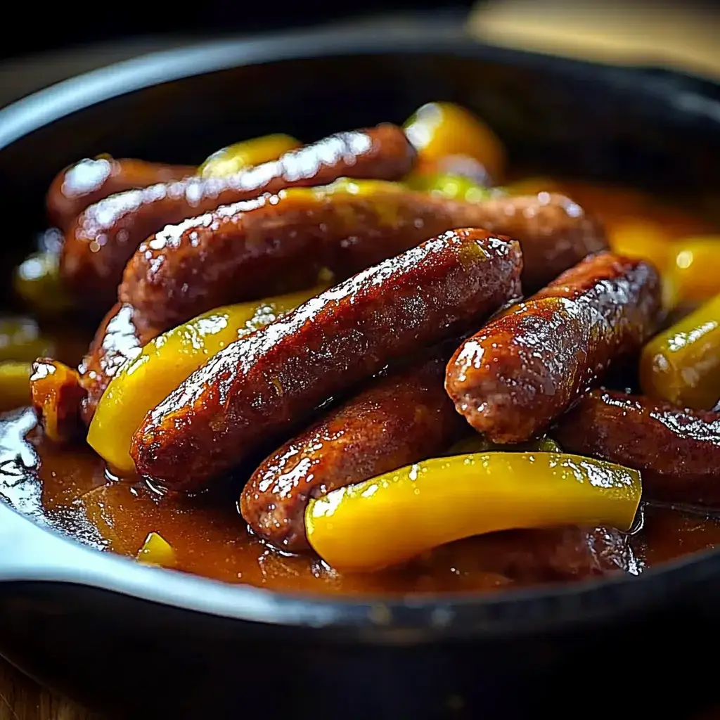 A close-up of glazed sausages and yellow bell pepper slices served in a cast-iron skillet.