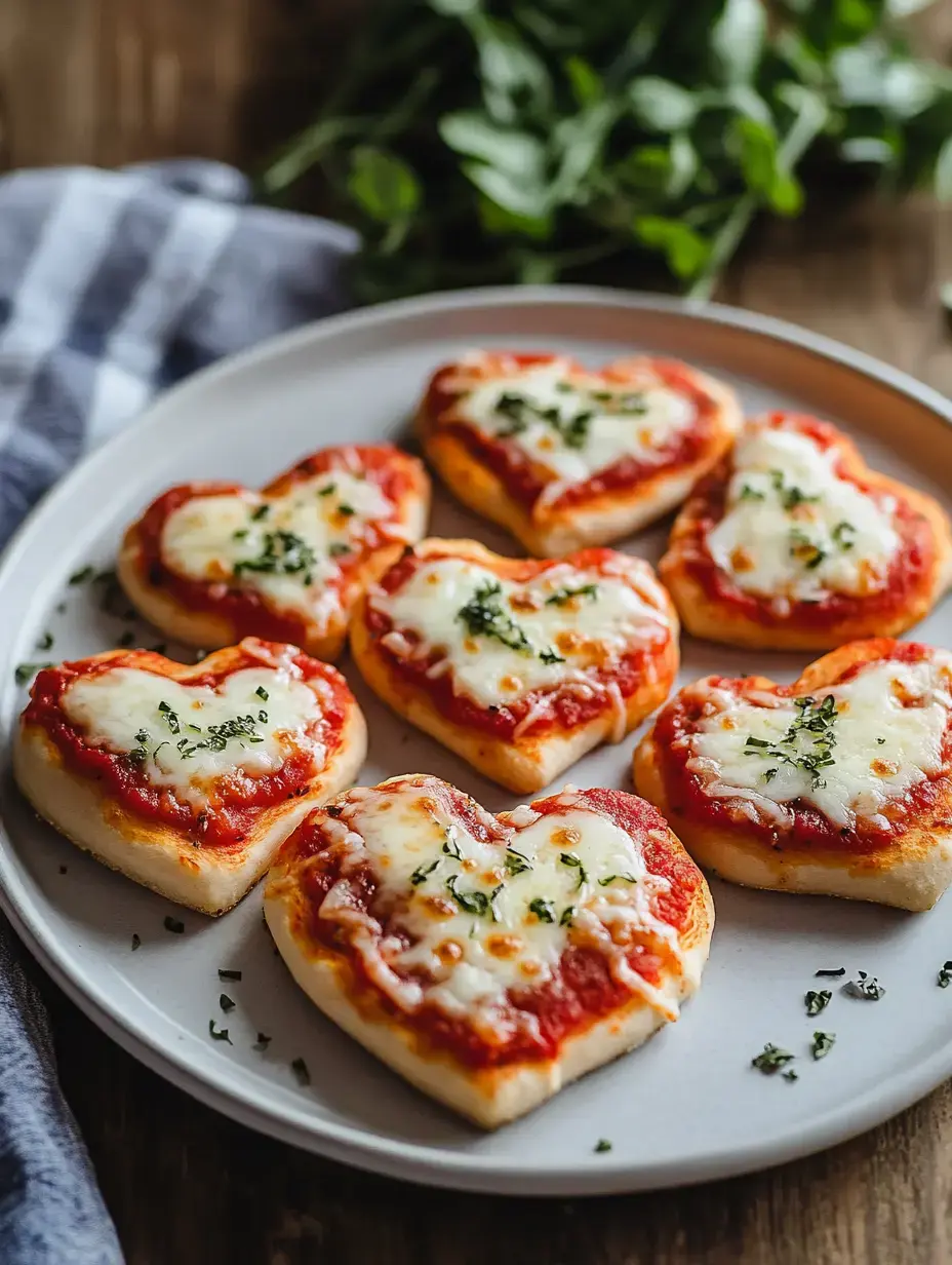 A plate of heart-shaped mini pizzas topped with tomato sauce, melted cheese, and sprinkled with herbs.