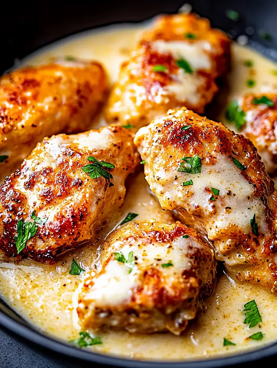 A close-up of golden-brown, cheesy chicken pieces garnished with parsley in a creamy sauce.