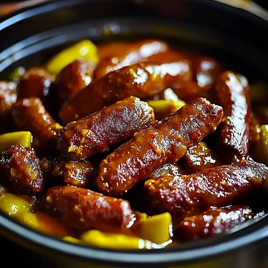 A close-up of cooked sausages coated in a thick, savory sauce, with pieces of yellow bell pepper scattered throughout.