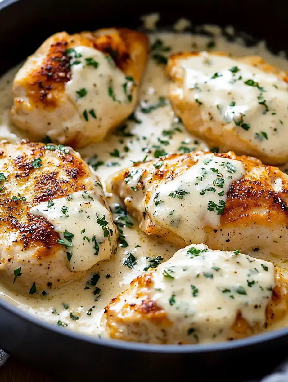 A skillet filled with golden-browned chicken breasts smothered in creamy white sauce and garnished with chopped parsley.