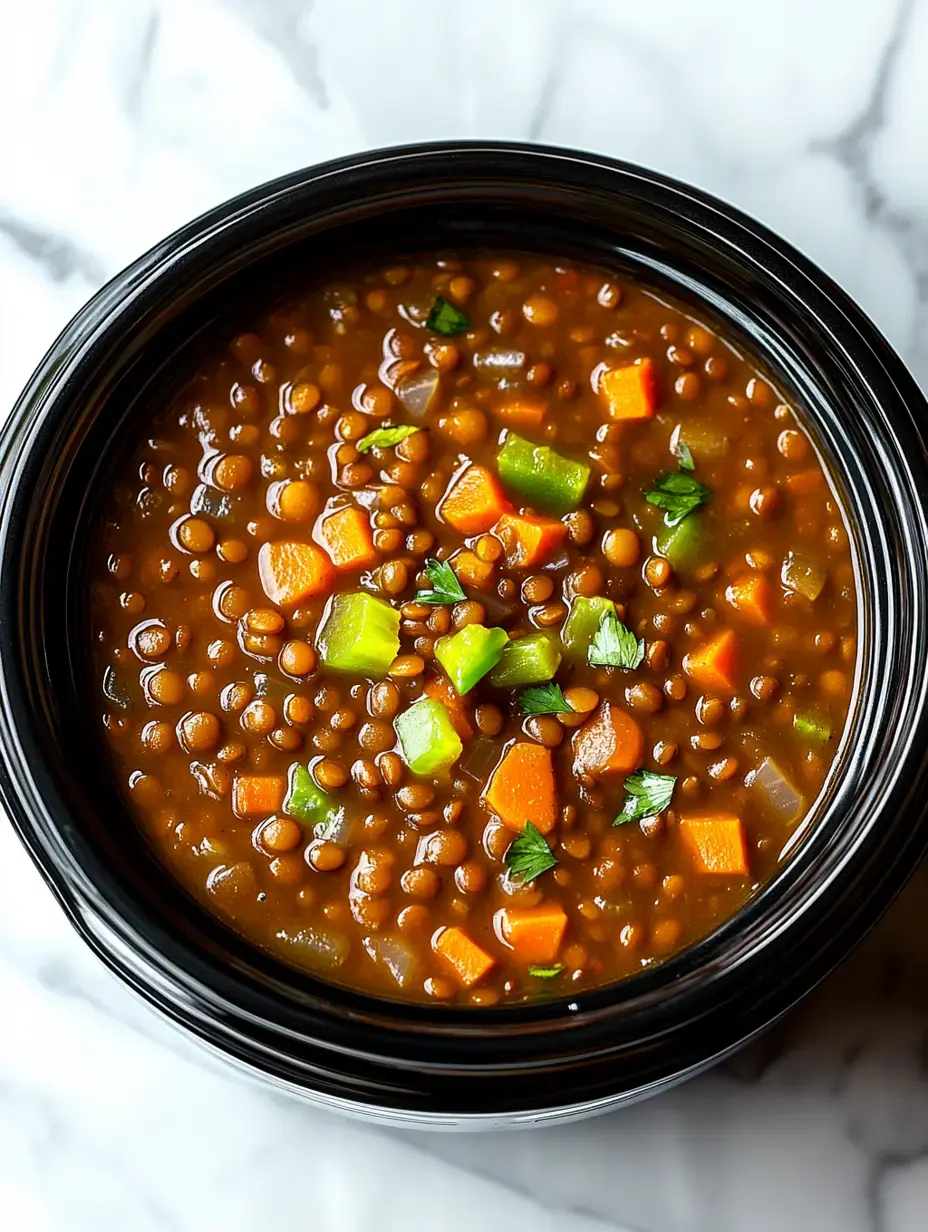 A close-up view of a bowl of lentil soup featuring diced carrots and green bell peppers, garnished with fresh herbs.