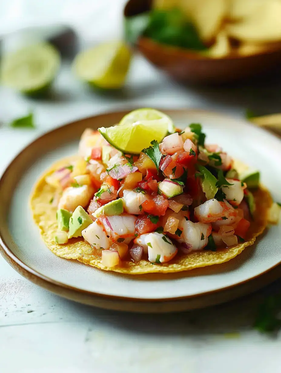 A vibrant serving of shrimp ceviche topped with diced tomatoes, avocado, and cilantro on a crispy tortilla, garnished with a lime wedge.