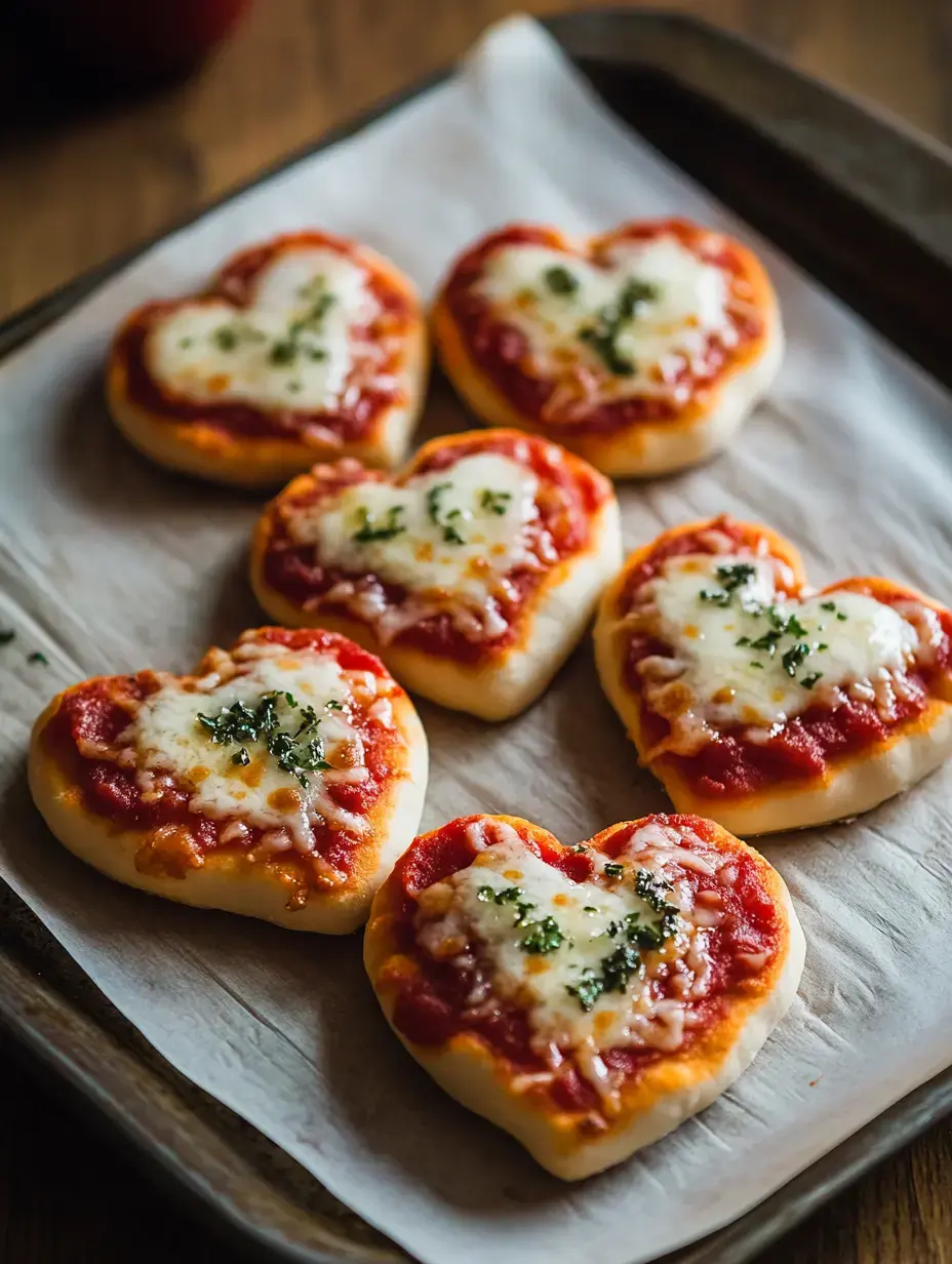 A tray of heart-shaped pizzas topped with tomato sauce, melted cheese, and herbs on parchment paper.