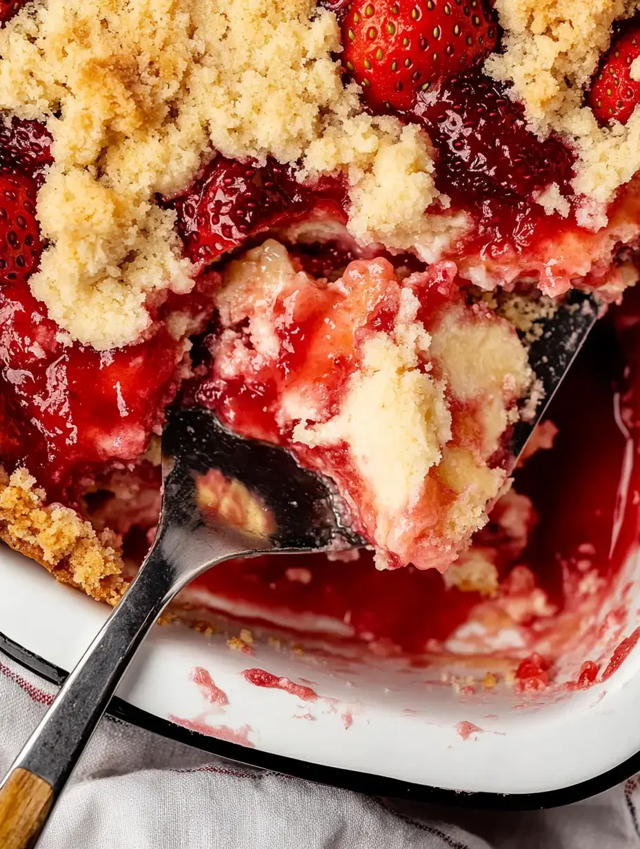 A close-up of a strawberry dessert with a crumbly topping being served from a dish.