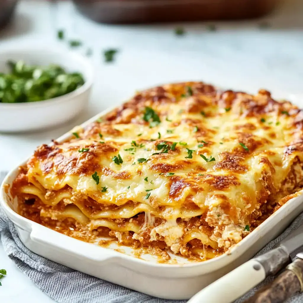 A golden-brown lasagna with melted cheese and herbs is served in a white dish, with a bowl of chopped greens beside it.