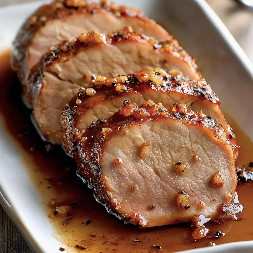 Sliced roasted pork tenderloin is arranged on a white platter, garnished with a savory glaze and bits of garlic.