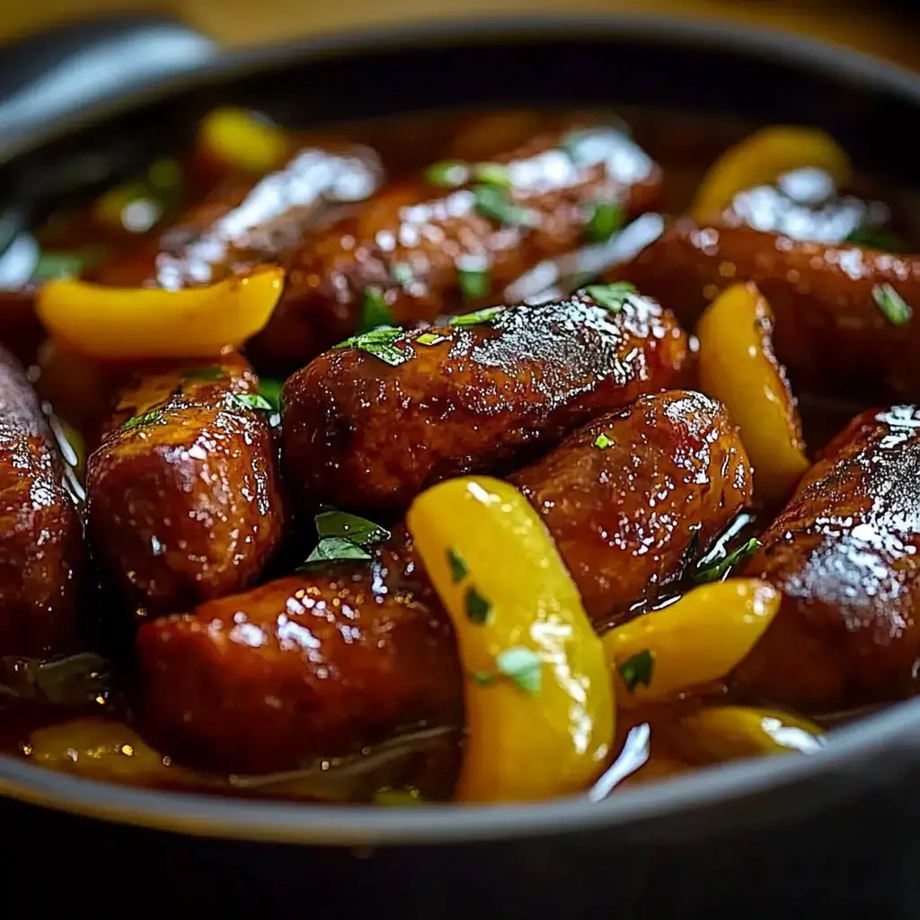 A close-up of sautéed sausages garnished with herbs and served with slices of yellow peppers in a dark bowl.